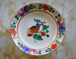Retro, kézzel festett kerámia madár és virág mintás fali tányér