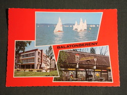 Postcard, balaton berény, mosaic details, resort, hostel, sailing ship, border guard restaurant