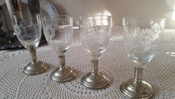 Old alpaca footed, polished glass cup 4 pcs.