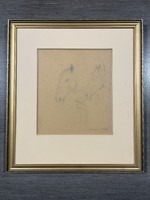 Szőnyi István 1894 - 1960 festőművész , grafikus alkotása , LÓFEJEK tanulmányrajz . Méret : 23cm  x