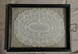 Antique glass tray with lace insert