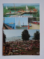 Two old, retro Balaton postcards together (sailboats, beachgoers) - 70s, 80s