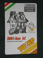Kártyanaptár, Konzum Tüzép építőanyag telepek, grafikai rajzos, reklám figura, 2001, (6)