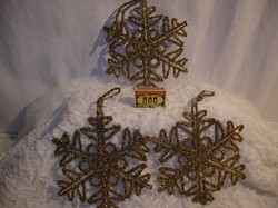 Christmas tree decoration -3 pcs - large 18 x 18 cm - hour gold - made of steel wire - snowflake covered with pearls