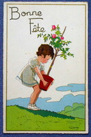 Art deco graphic artist postcard embossed letter - little girl with flowers