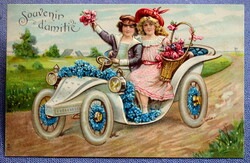 Antik dombornyomott üdvözlő képeslap - gyerekek , automobil nefelejcs