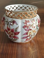 Zsolnay orchideas ÁTTÖRT kaspó váza 11x12 cm kézzel festett sok aranyozással új nem használt