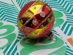Old glass Christmas tree ornament red gold polka dot striped sphere glass ornament