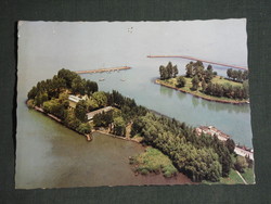 Bird's-eye view of postcard, Balaton castle, pier, ship harbor