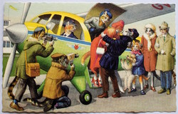Régi retro humoros grafikus képeslap cica  - repülővel érkező szerelmes cicasztár
