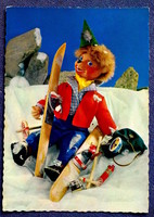 Retro Swiss fairy tale puppet figure postcard - skiing accident