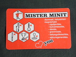 Kártyanaptár, Mister Minit cipőjavítás, kulcsmásolás,élezés,grafikai rajzos,reklám figura, 2002, (6)
