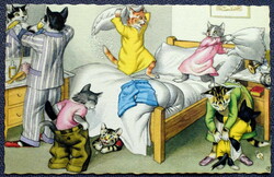 Old retro humorous graphic postcard of a cat family getting ready for breakfast and having a pillow fight
