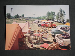 Postcard, Balaton beach detail skyline, camping, camping detail with people, Skoda 100 car