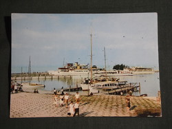 Postcard, Balaton Tihany beach, pier harbor skyline with ships