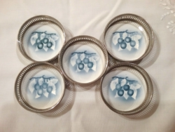 5 Marked, metal bowls with porcelain inserts, cherry