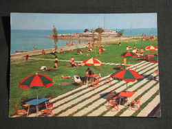 Postcard, Balaton Tihany coast beach detail, pier harbor skyline with ships