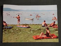 Postcard, Balaton skyline, Balaton beach detail with bathers, rubber mattress