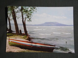 Postcard, Balaton view of Badacsony, storm on Balaton, beach detail with boat