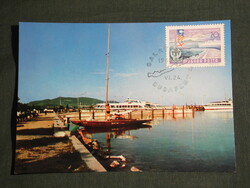 Képeslap, Balaton part, Badacsony móló, kikötő részlet hajókkal,, Balaton Budapest bélyegzés