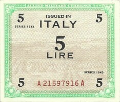 5 lire lira 1943 Olaszország katonai militari Gyönyörű