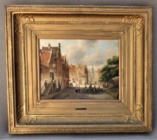 Quality oil painting, c. Hofkamp; romantic cityscape with people, Dutch, 19th century!!!