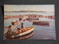 Postcard, Balaton beach, skyline, detail with people renting boats