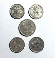 5 Norwegian coins 1962-1976 Norway