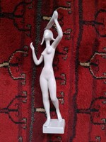 Rare! Old white unpainted glazed drasche porcelain figure, filigree female nude with bowl on head, flawless