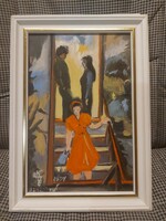 L.Kovács Júlia/Pósfai Júlia/Pósfainé: " Lépcsőn", festmény, olaj, farost, 30x20 cm+keret