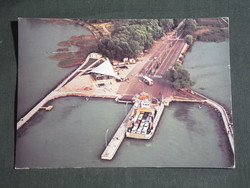 Postcard, bird's-eye view of Balaton Száltód, pier, harbor, ship, ferry, car, bus