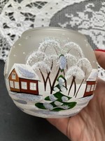 Cozy, hand-painted winter landscape glass candle holder