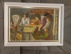 L.Kovács Júlia/Pósfai Júlia/Pósfainé: " Üzletben", festmény, olaj, farost, 30x20 cm+keret