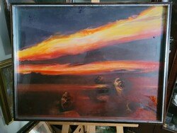 László Kéri (1949 - ): fire dance oil-on-wood painting gallery owner!