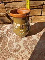 Brown-glazed, floral ceramic jug, folk object