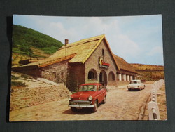 Postcard, Balaton, Badacsony, Kisfaludy house, Badacsony wine cellar, Moskvitz 403 car, Wartburg car