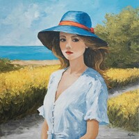 Lány kalapban - festmény