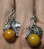 Old art nouveau silver earrings with amber