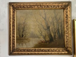 Autumn forest with stork birds and river oil on canvas signed Bakony 1919