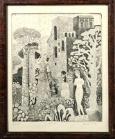 Viola Berki: Tivoli (signed, numbered etching) landscape with castle and nude statue - Italy