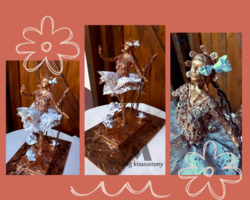 Virág kisasszony kézműves textilszobor újrahasznosított anyagokból, bronz-fehér színű