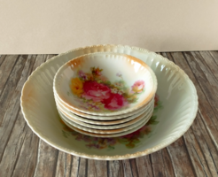 1+6 DB GYÖNYÖRŰ ANTIK CSEH RÓZSÁS VIKTORIA PORCELÁN KOMPÓTOS KÉSZLET