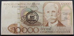 Brazília 10.000 Cruzeiros 1986, F+, "10 Cruzados" felülbélyegzés