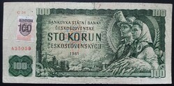 Csehszlovákia 100 Korona / Korun 1961, F+, Felülbélyegzett