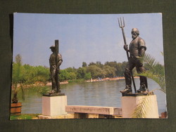 Képeslap, Balatonfüred, part részlet, Pásztor János, Révész és  Halász szoborpár