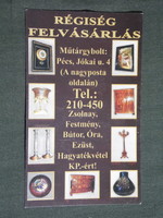 Kártyanaptár, Régiség felvásárlás, műtárgybolt, Pécs, 2005, (6)