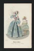 Színezett rézkarc, Párizs, 1839, női divat, metszet