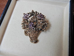 Old filigree gold-plated flower bouquet brooch with amethyst and marcasite stones