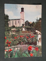 Képeslap, Balatonboglár,templom látkép,park virágkert emlékmű, vízbelépő akt szobor,részlet