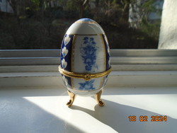 Cobalt gold blue rose porcelain egg jewelry holder on gold-plated legs